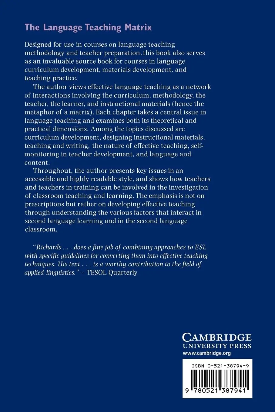 Rückseite: 9780521387941 | The Language Teaching Matrix | Curriculum, Methodology, and Materials