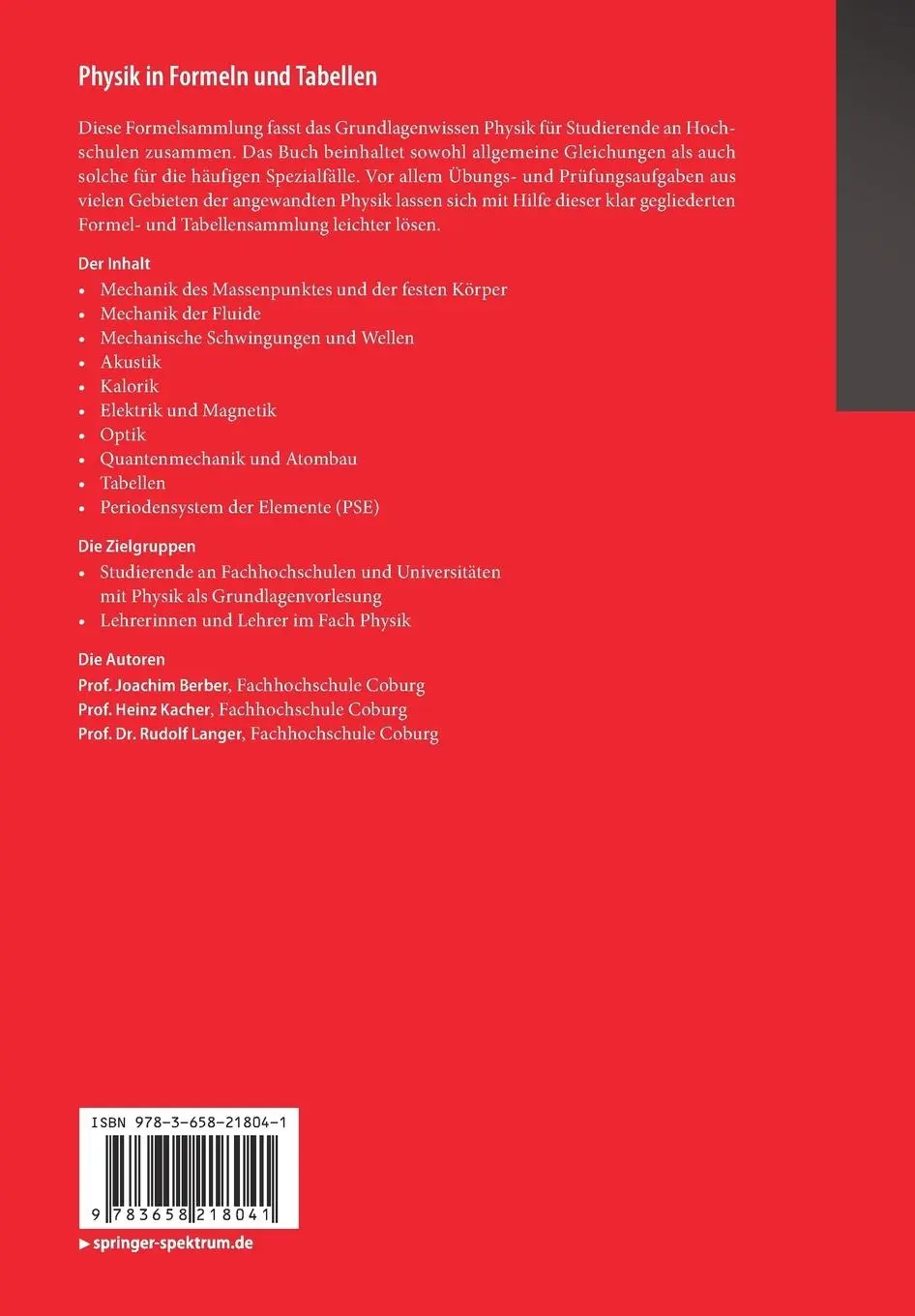 Rückseite: 9783658218041 | Physik in Formeln und Tabellen | Joachim Berber (u. a.) | Taschenbuch