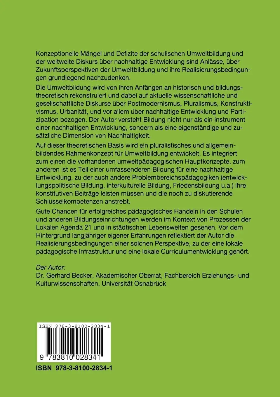 Rückseite: 9783810028341 | Urbane Umweltbildung im Kontext einer nachhaltigen Entwicklung | Buch