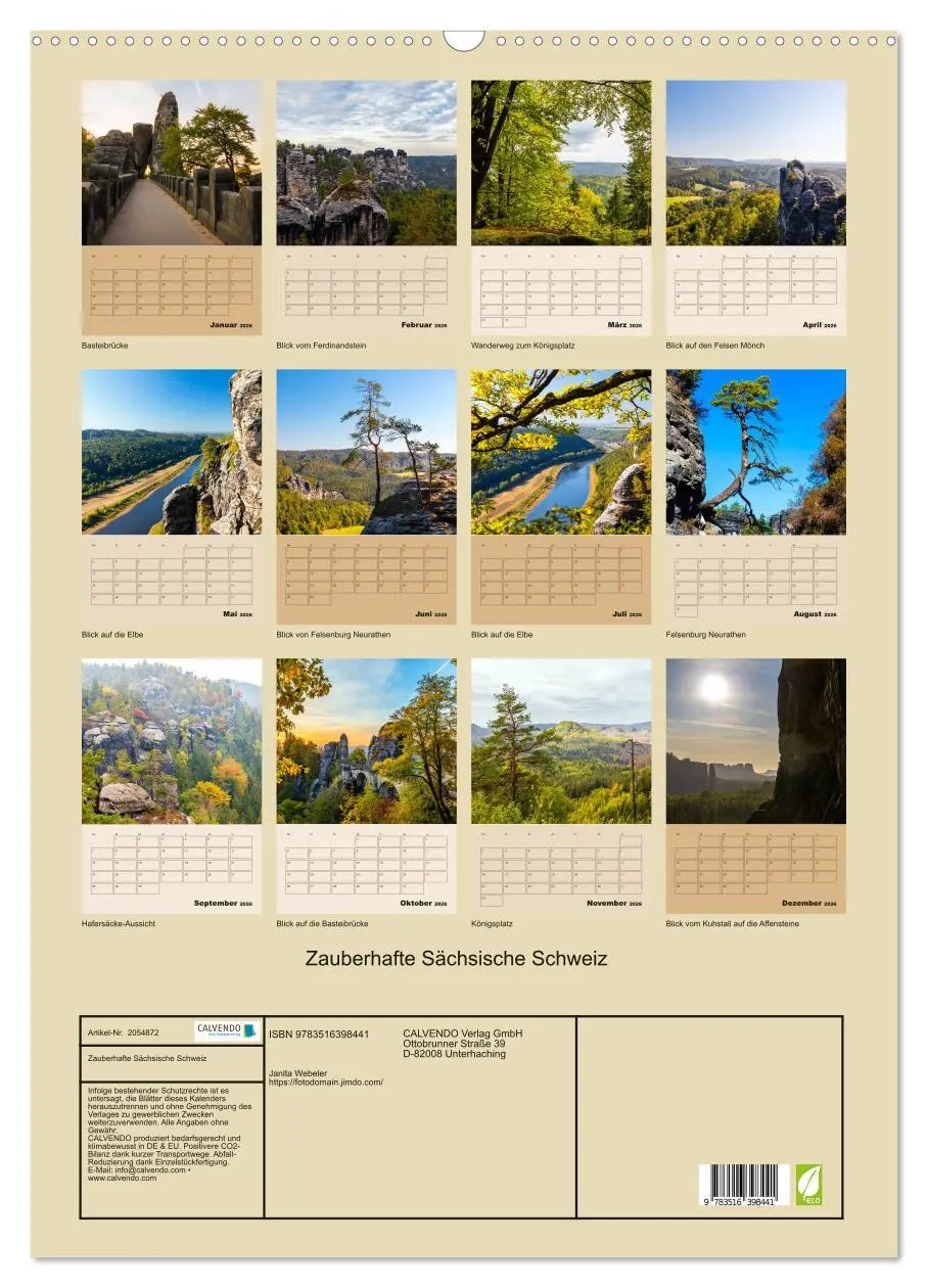 Bild: 9783516398441 | Zauberhafte Sächsische Schweiz (Wandkalender 2026 DIN A2 hoch),...