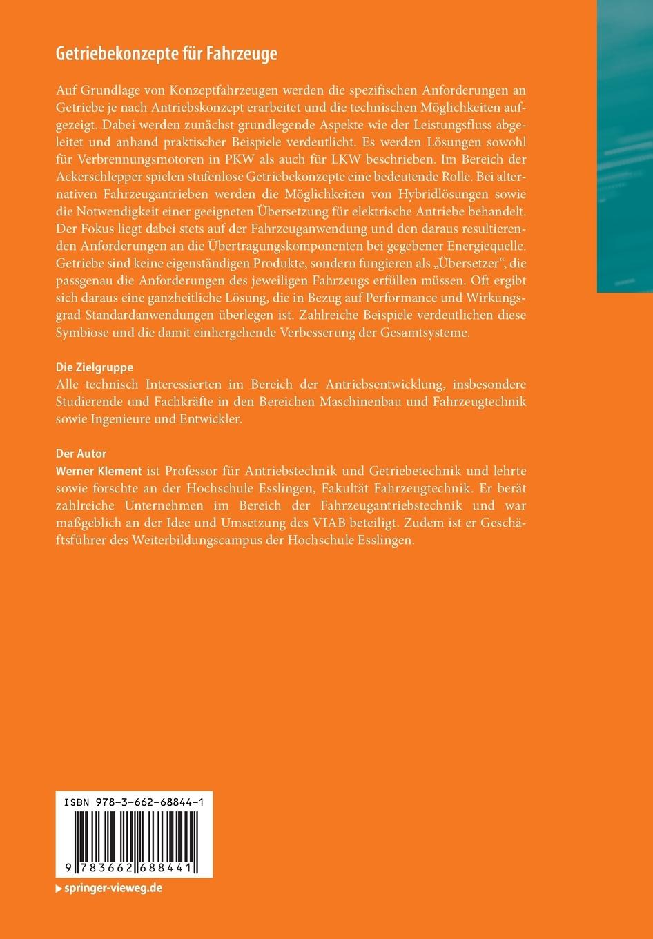 Rückseite: 9783662688441 | Getriebekonzepte für Fahrzeuge | Werner Klement | Taschenbuch | viii