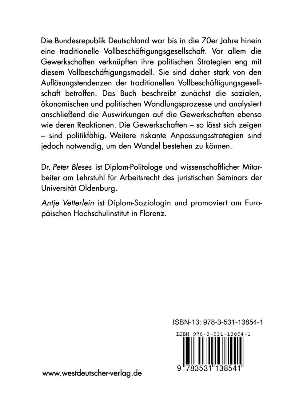 Rückseite: 9783531138541 | Gewerkschaften ohne Vollbeschäftigung | Antje Vetterlein (u. a.)