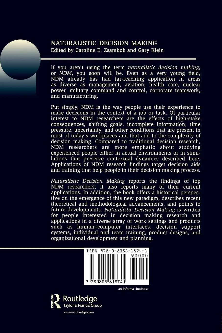Rückseite: 9780805818741 | Naturalistic Decision Making | Caroline E. Zsambok (u. a.) | Buch
