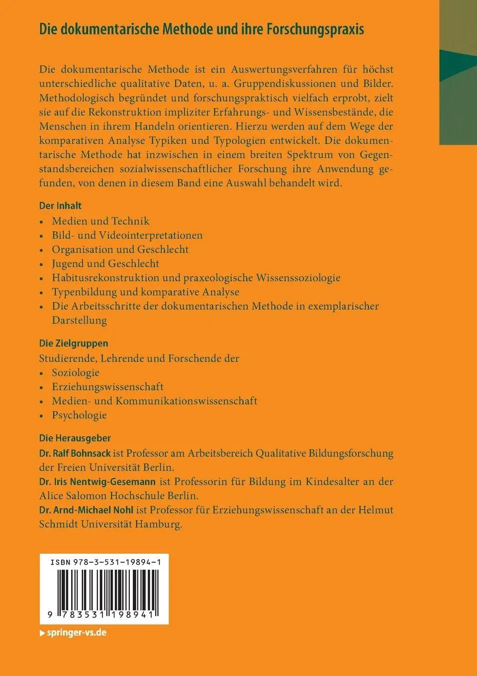 Rückseite: 9783531198941 | Die dokumentarische Methode und ihre Forschungspraxis | Taschenbuch