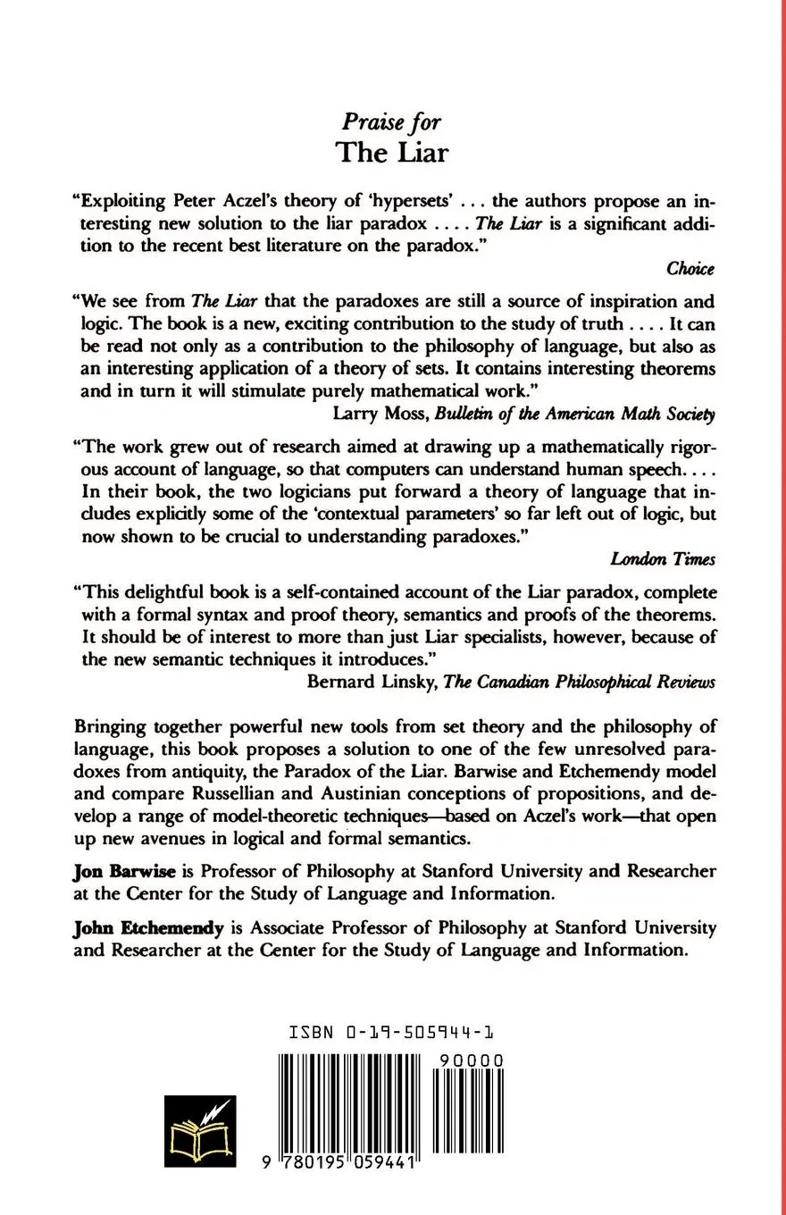 Rückseite: 9780195059441 | The Liar | An Essay on Truth and Circularity | Jon Barwise (u. a.)