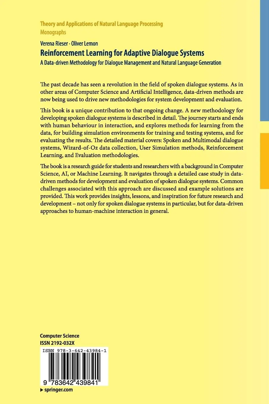 Rückseite: 9783642439841 | Reinforcement Learning for Adaptive Dialogue Systems | Lemon (u. a.)