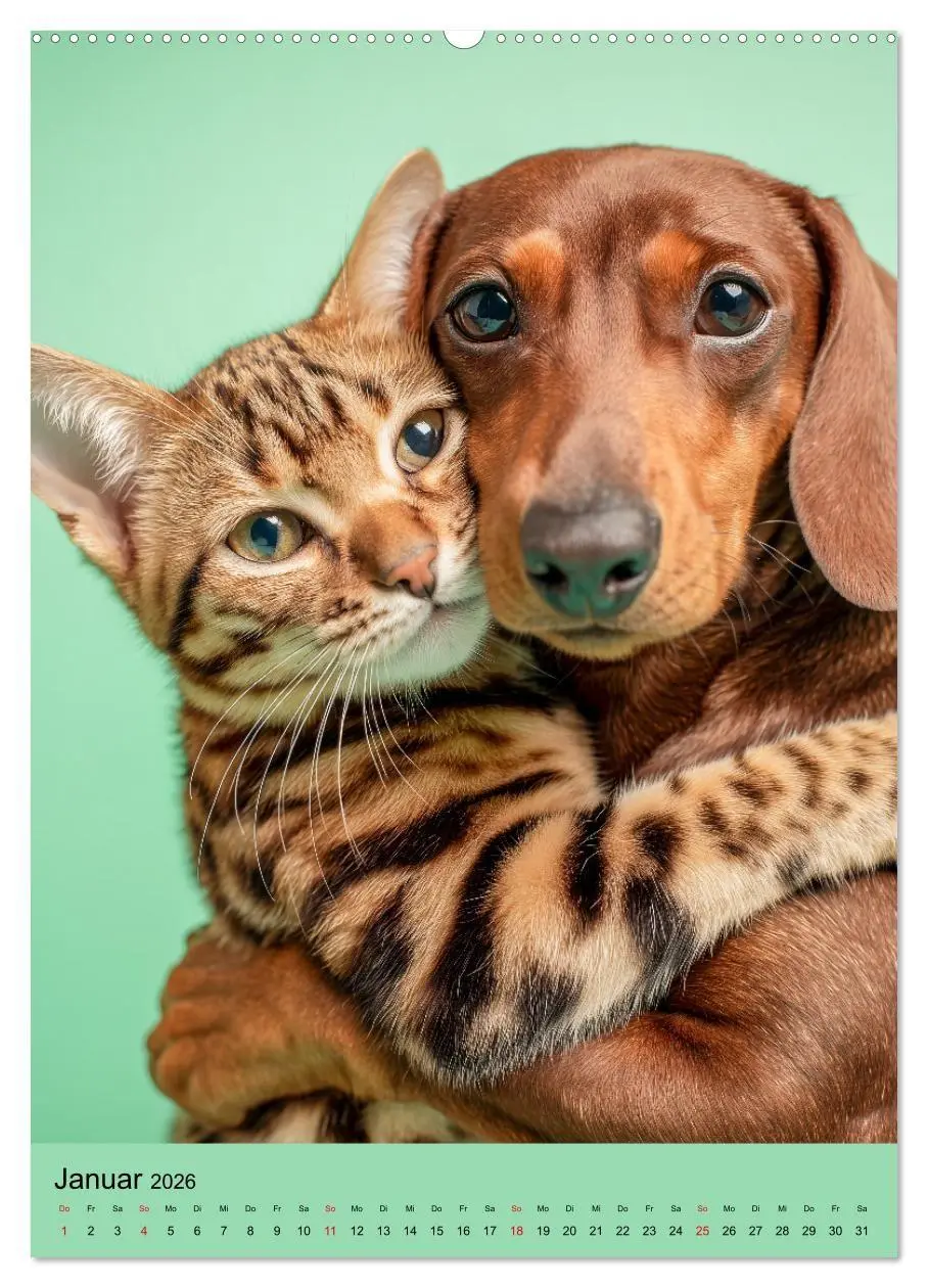 Bild: 9783516670042 | Freundschaftskalender - Katzen und Hunde, beste Freunde in Umarmung...