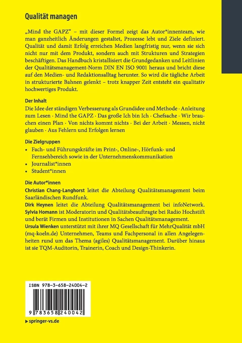 Rückseite: 9783658240042 | Qualität managen | Das ISO-Handbuch für Kreative in Medien | Buch