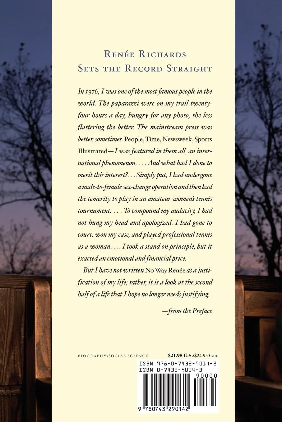 Rückseite: 9780743290142 | No Way Renee | The Second Half of My Notorious Life | Renee Richards
