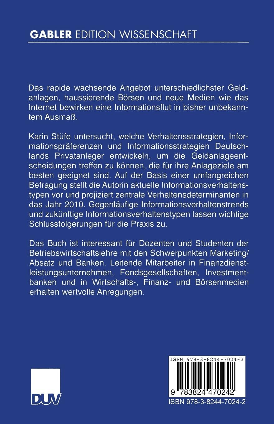 Rückseite: 9783824470242 | Das Informationsverhalten deutscher Privatanleger | Karin Stüfe | Buch