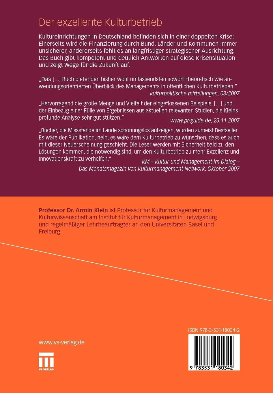 Rückseite: 9783531180342 | Der exzellente Kulturbetrieb | Armin Klein | Taschenbuch | 336 S.
