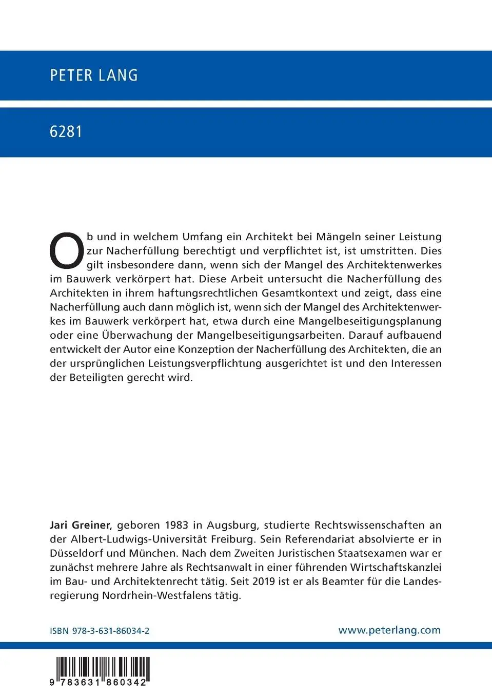 Rückseite: 9783631860342 | Die Nacherfüllung des Architekten | Jari Greiner | Taschenbuch | 2022