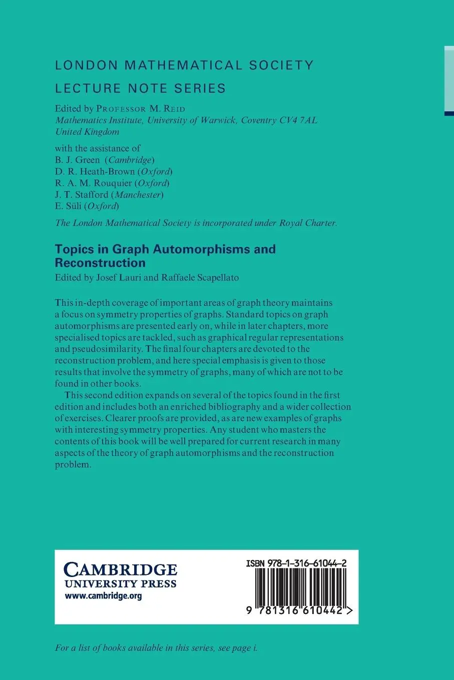 Rückseite: 9781316610442 | Topics in Graph Automorphisms and Reconstruction | Josef Lauri (u. a.)