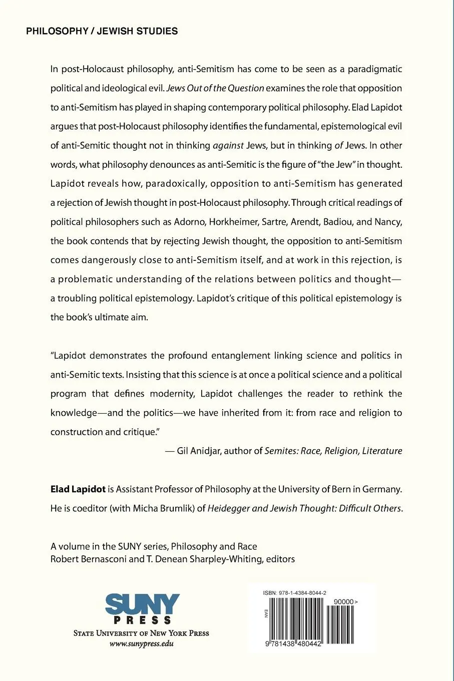 Rückseite: 9781438480442 | Jews Out of the Question | A Critique of Anti-Anti-Semitism | Lapidot