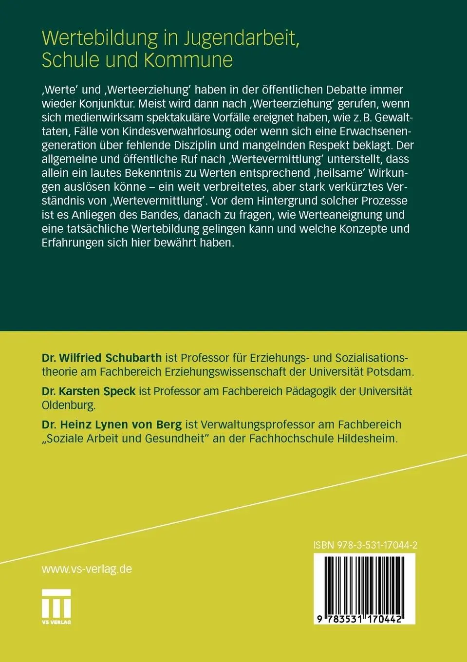 Rückseite: 9783531170442 | Wertebildung in Jugendarbeit, Schule und Kommune | Schubarth (u. a.)