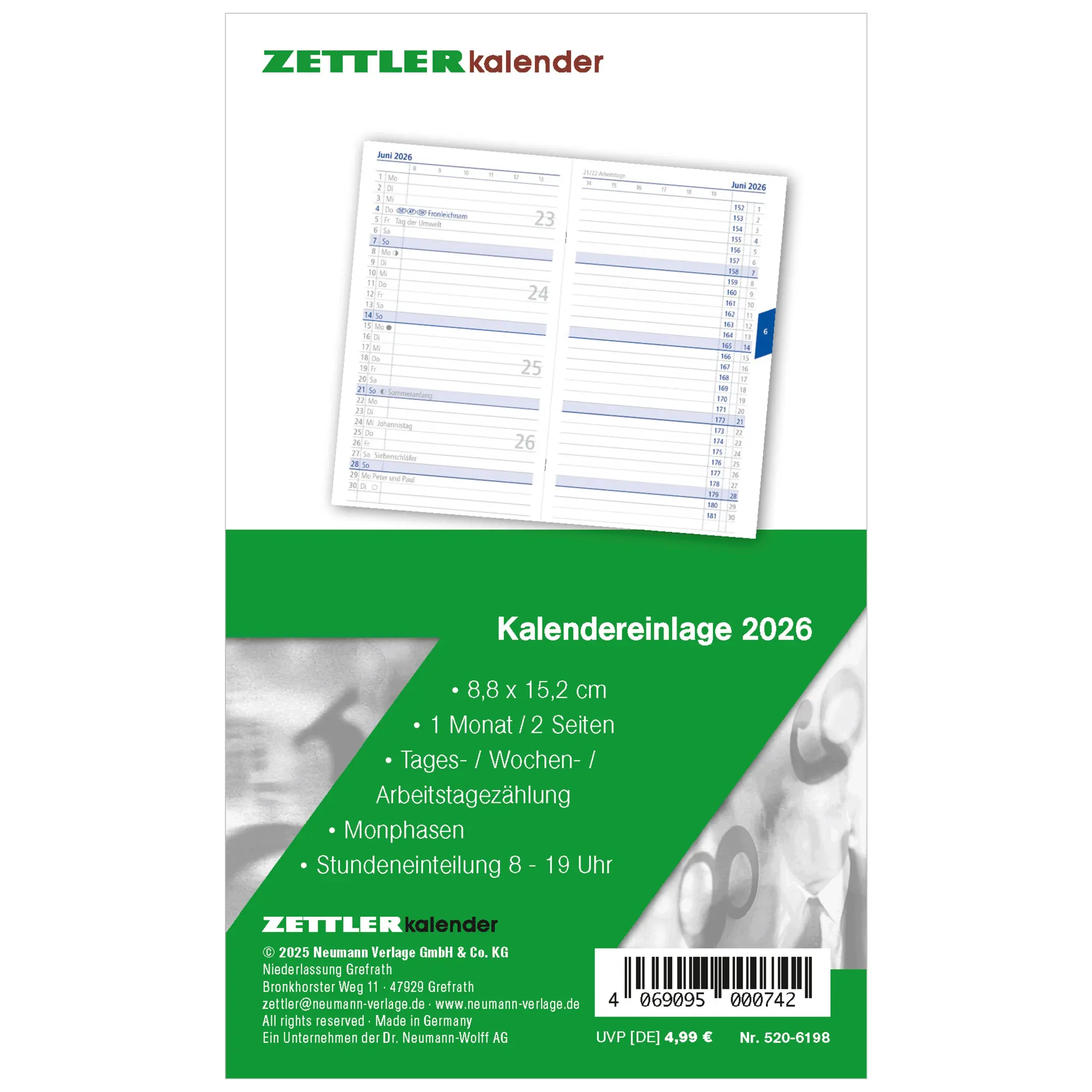 Cover: 4069095000742 | Kalender-Ersatzeinlage 2026 - für den Taschenplaner Typ 520 -...