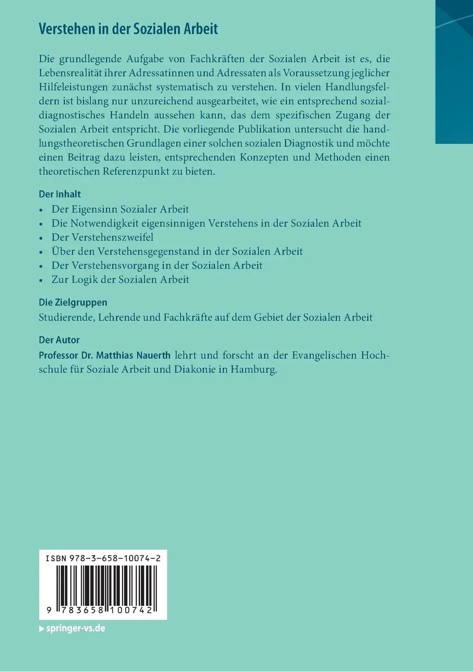 Rückseite: 9783658100742 | Verstehen in der Sozialen Arbeit | Matthias Nauerth | Taschenbuch