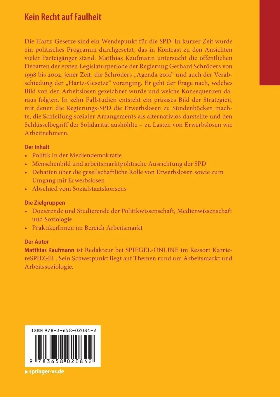 Rückseite: 9783658020842 | Kein Recht auf Faulheit | Matthias Kaufmann | Taschenbuch | xiv | 2013