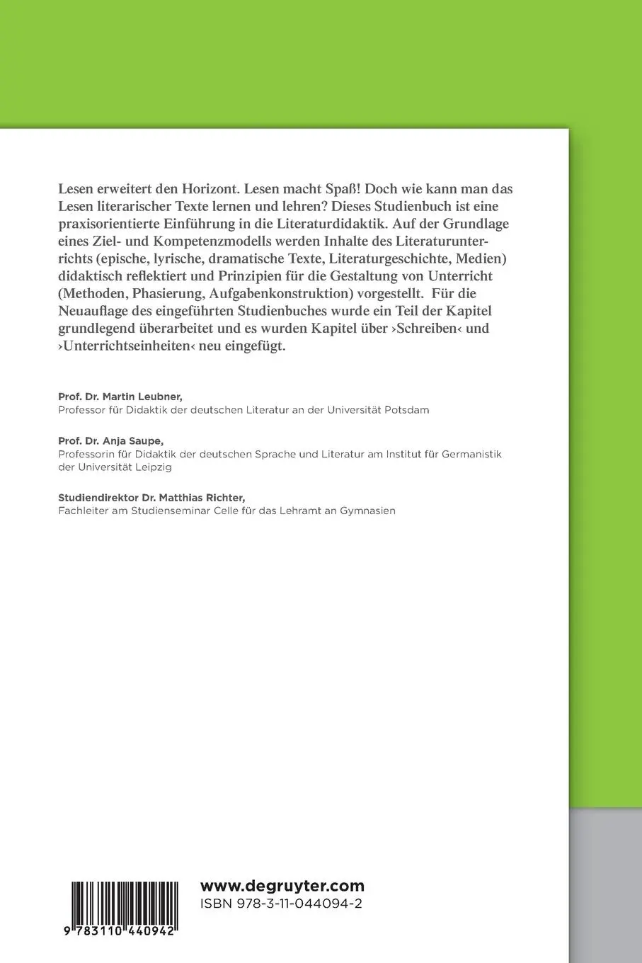 Rückseite: 9783110440942 | Literaturdidaktik | Martin Leubner (u. a.) | Taschenbuch | 320 S.