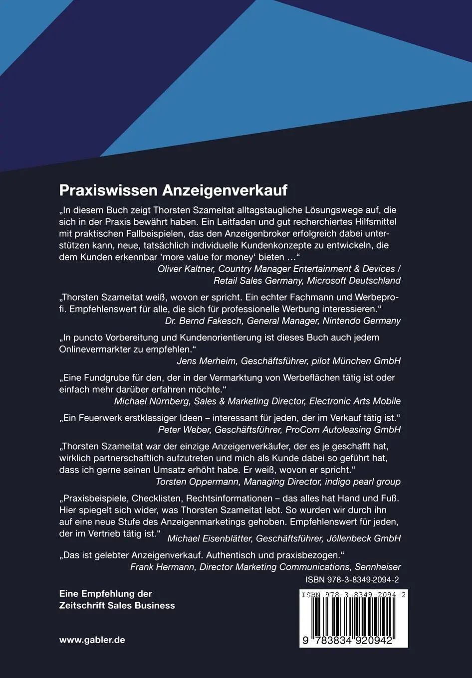 Rückseite: 9783834920942 | Praxiswissen Anzeigenverkauf | Thorsten Szameitat | Taschenbuch | 2010