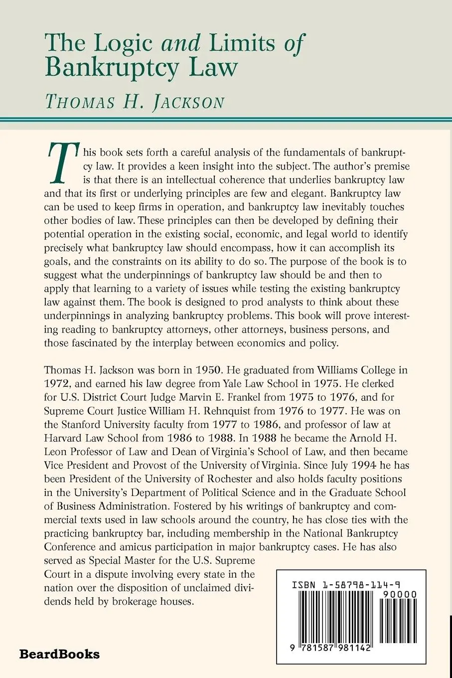 Rückseite: 9781587981142 | The Logic and Limits of Bankruptcy Law | Thomas Jackson | Taschenbuch