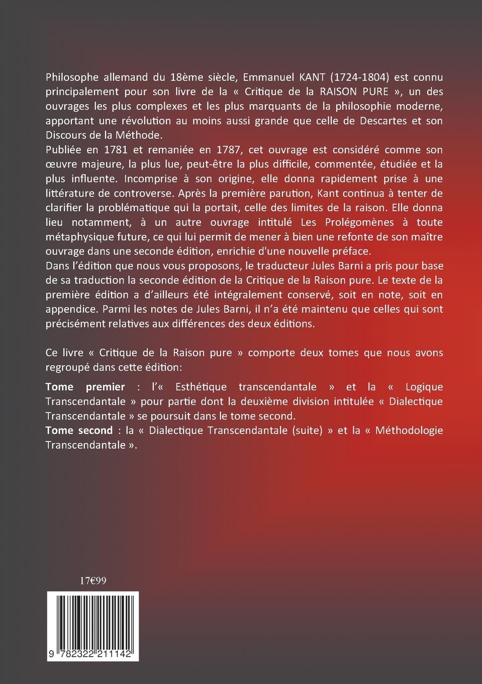 Rückseite: 9782322211142 | Critique de la RAISON PURE | Tome 1 et 2 | Emmanuel Kant | Taschenbuch