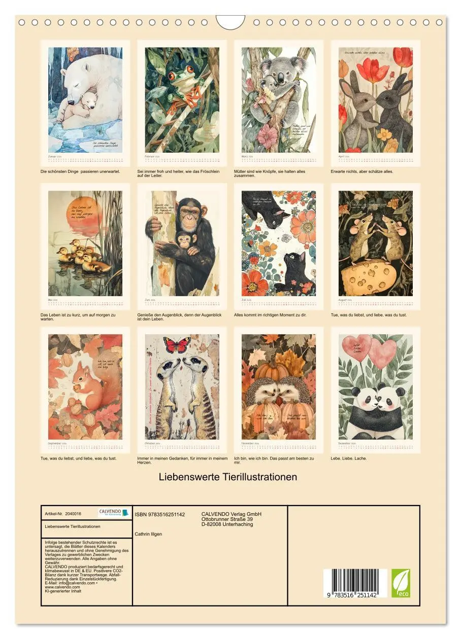 Bild: 9783516251142 | Liebenswerte Tierillustrationen (Wandkalender 2026 DIN A3 hoch),...