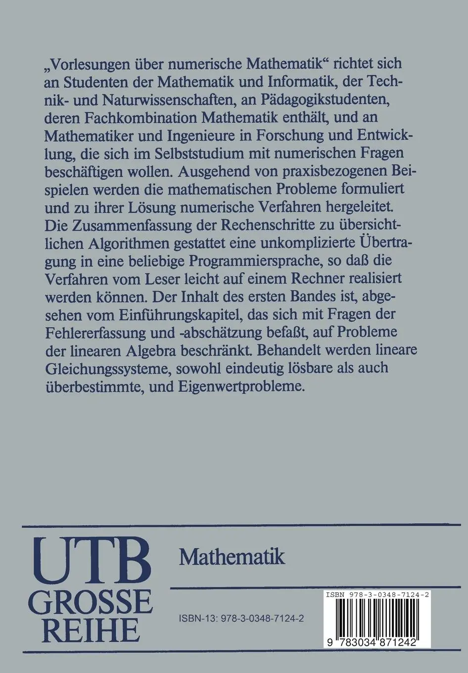 Rückseite: 9783034871242 | Vorlesungen über numerische Mathematik | I. Lineare Algebra | Maess