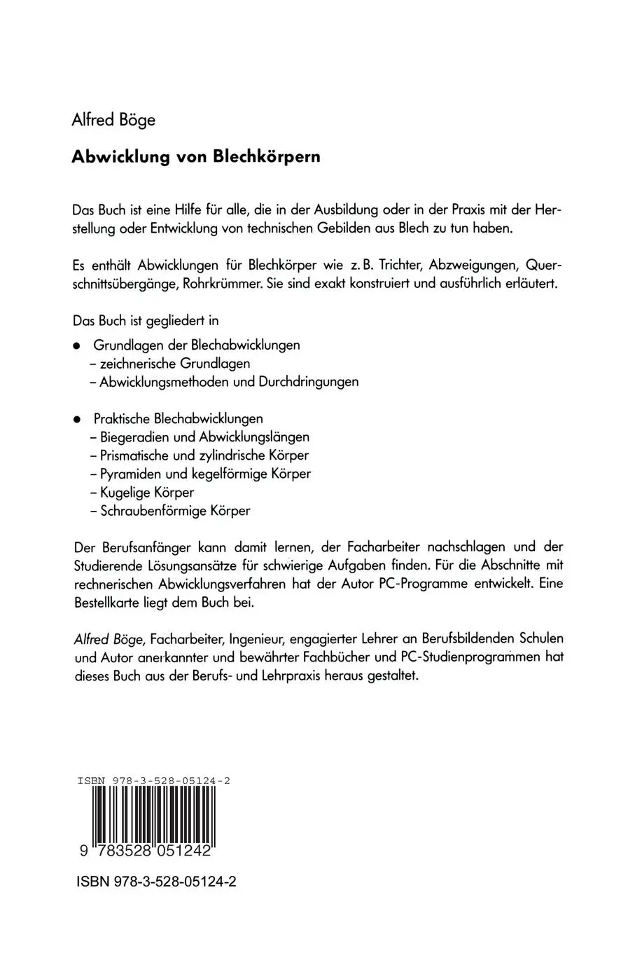 Rückseite: 9783528051242 | Abwicklung von Blechkörpern | Alfred Böge | Taschenbuch | 126 S.