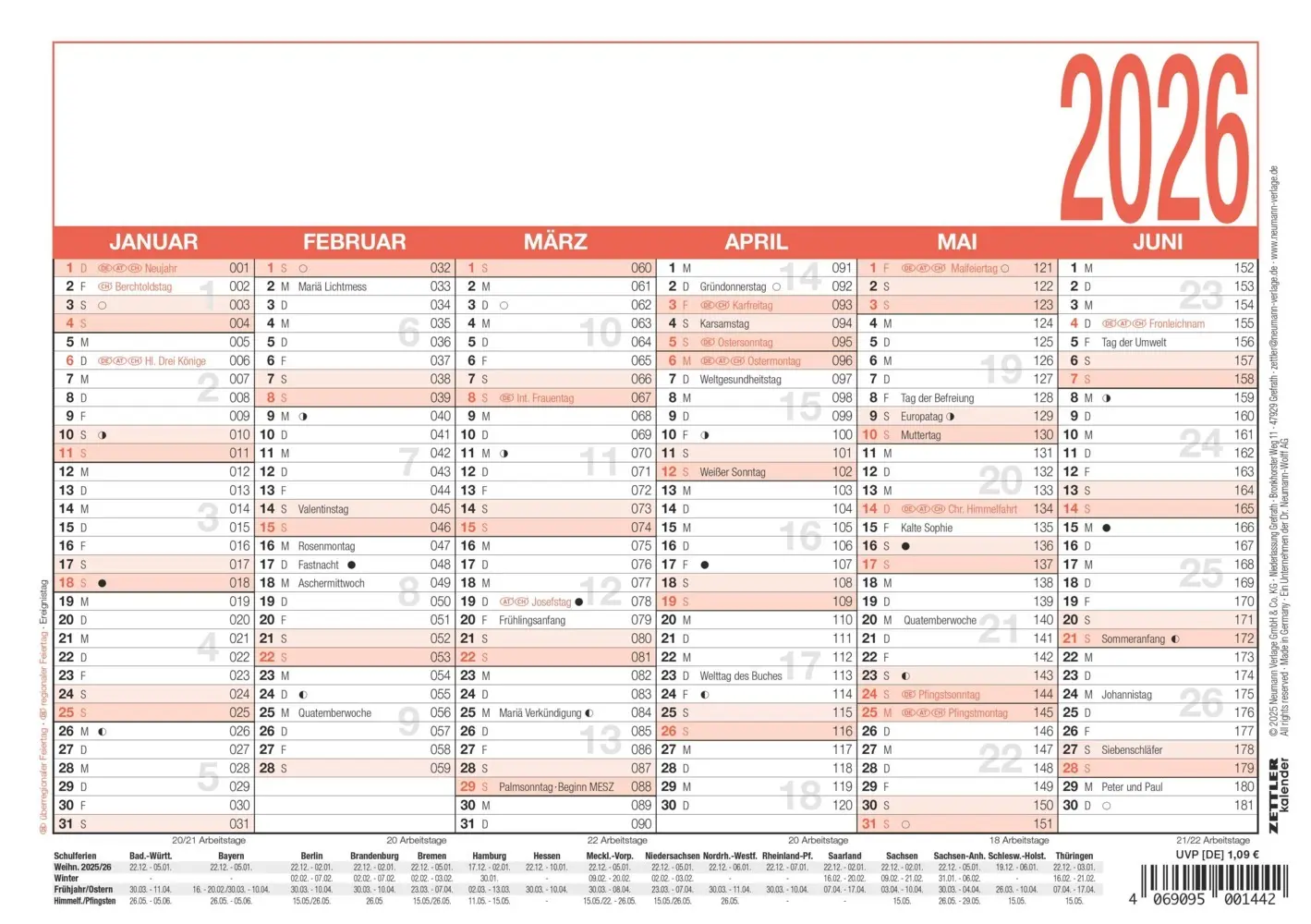 Cover: 4069095001442 | Zettler Arbeitstagekalender A5 2026 - Bürokalender 21 × 15 cm, 6...