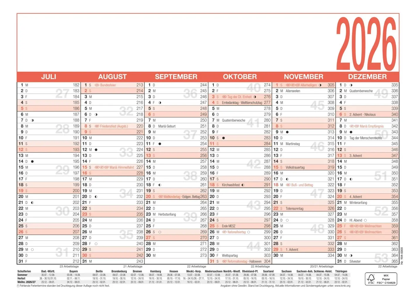 Bild: 4069095001442 | Zettler Arbeitstagekalender A5 2026 - Bürokalender 21 × 15 cm, 6...