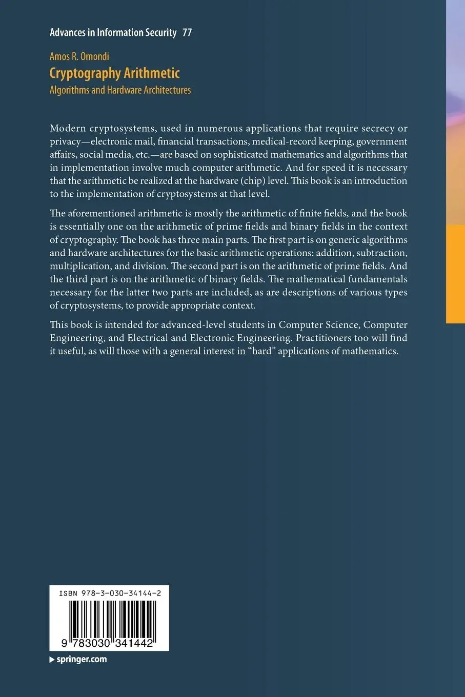 Rückseite: 9783030341442 | Cryptography Arithmetic | Algorithms and Hardware Architectures | Buch