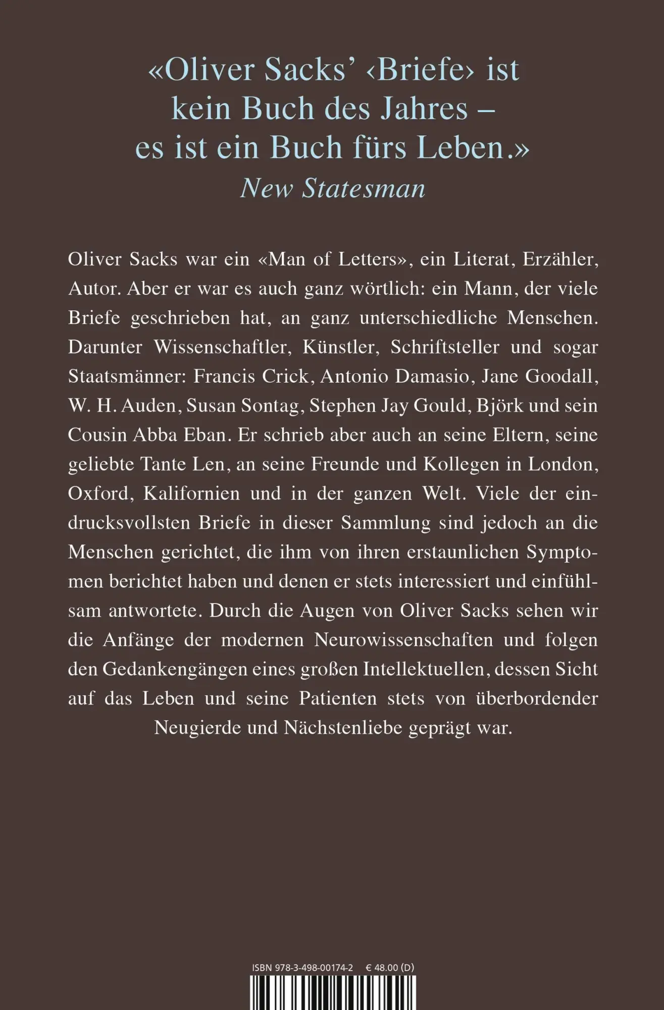 Rückseite: 9783498001742 | Briefe von Oliver Sacks | Oliver Sacks | Buch | 1008 S. | Deutsch