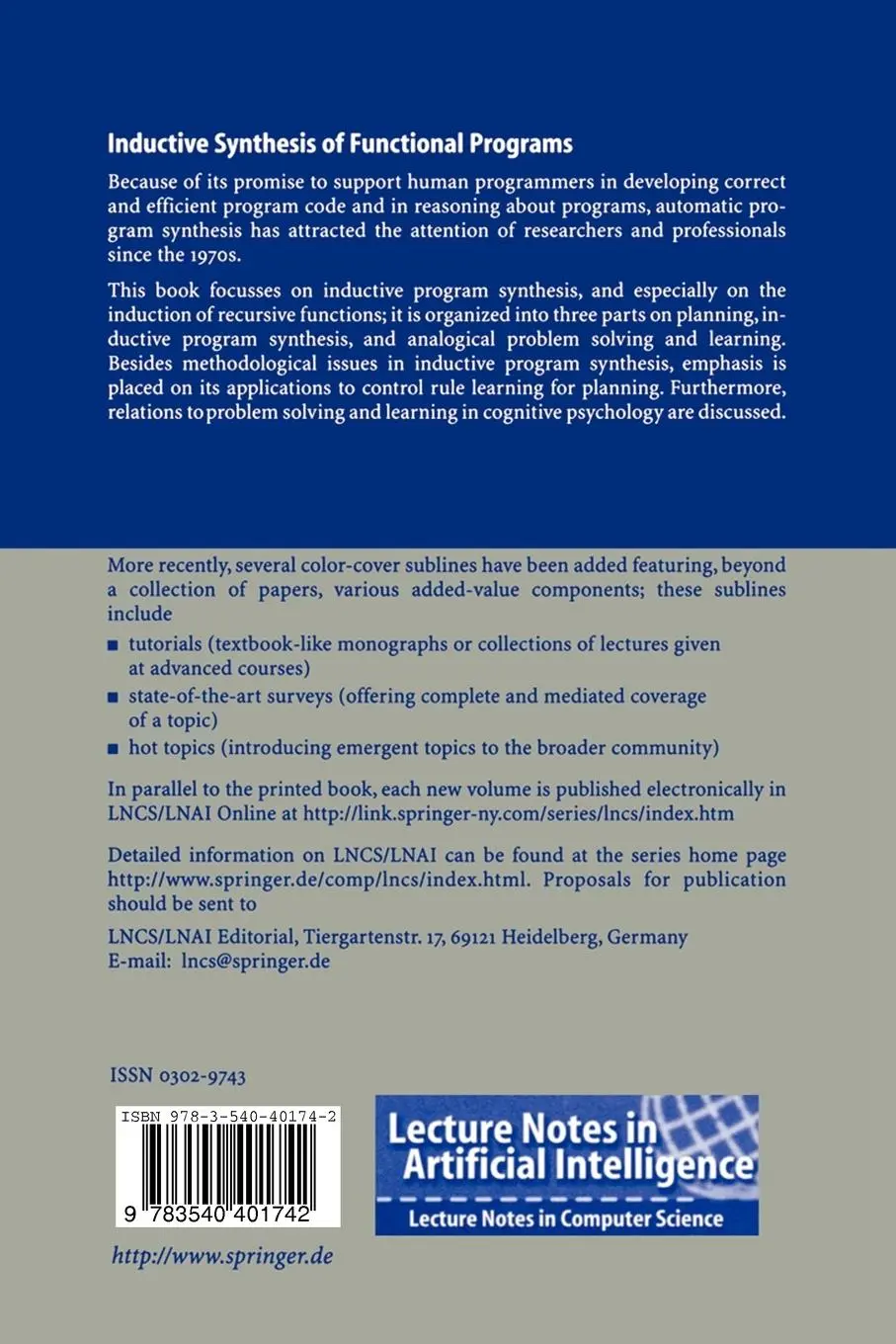 Rückseite: 9783540401742 | Inductive Synthesis of Functional Programs | Ute Schmid | Taschenbuch