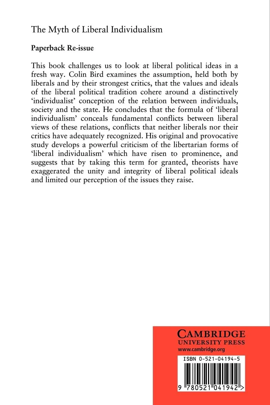 Rückseite: 9780521041942 | The Myth of Liberal Individualism | Colin Bird (u. a.) | Taschenbuch