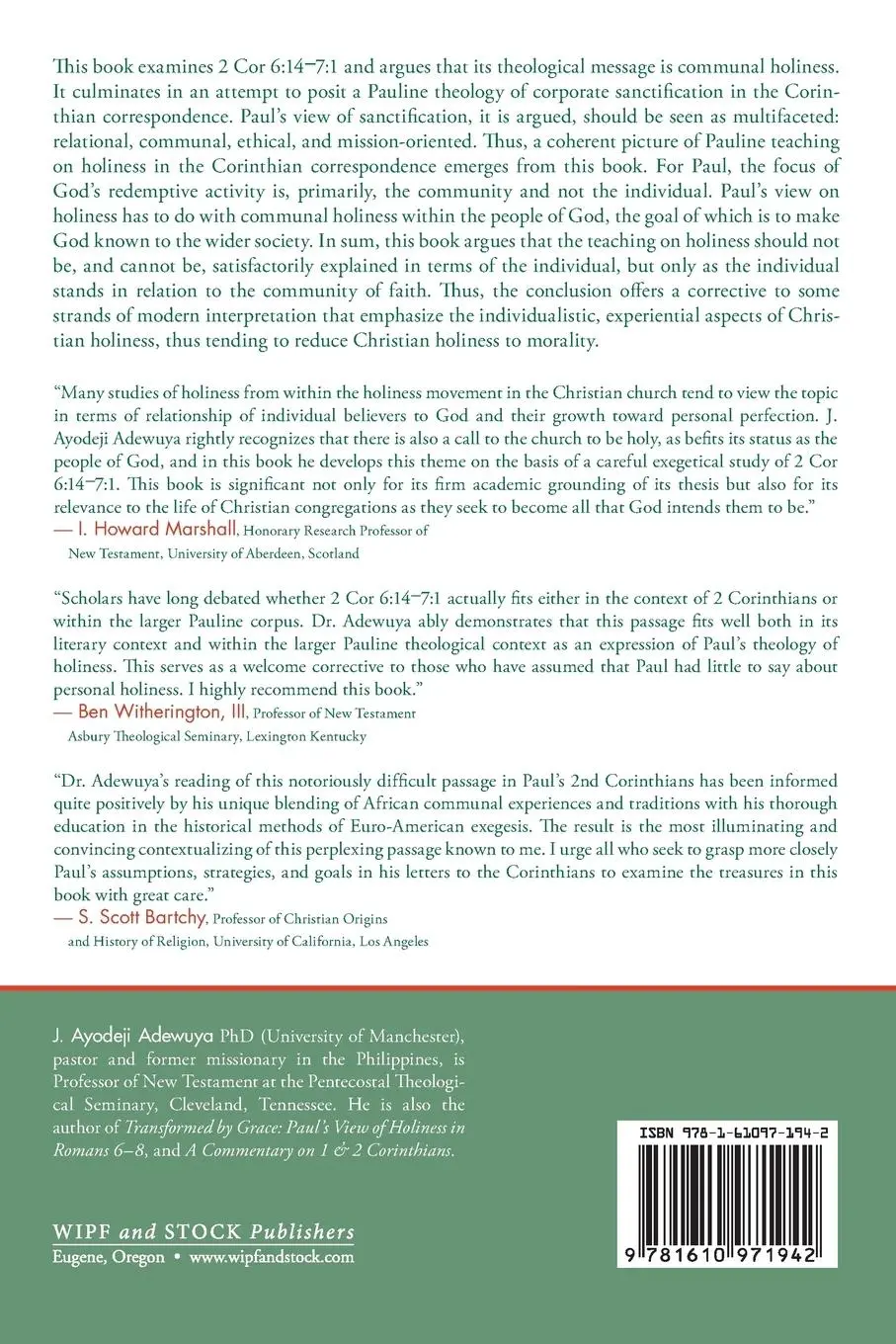 Rückseite: 9781610971942 | Holiness and Community in 2 Cor 6 | 14-7:1 | J. Ayodeji Adewuya | Buch