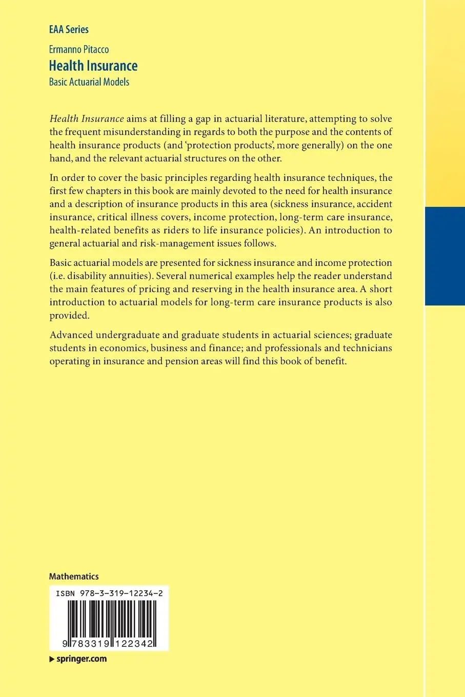 Rückseite: 9783319122342 | Health Insurance | Basic Actuarial Models | Ermanno Pitacco | Buch