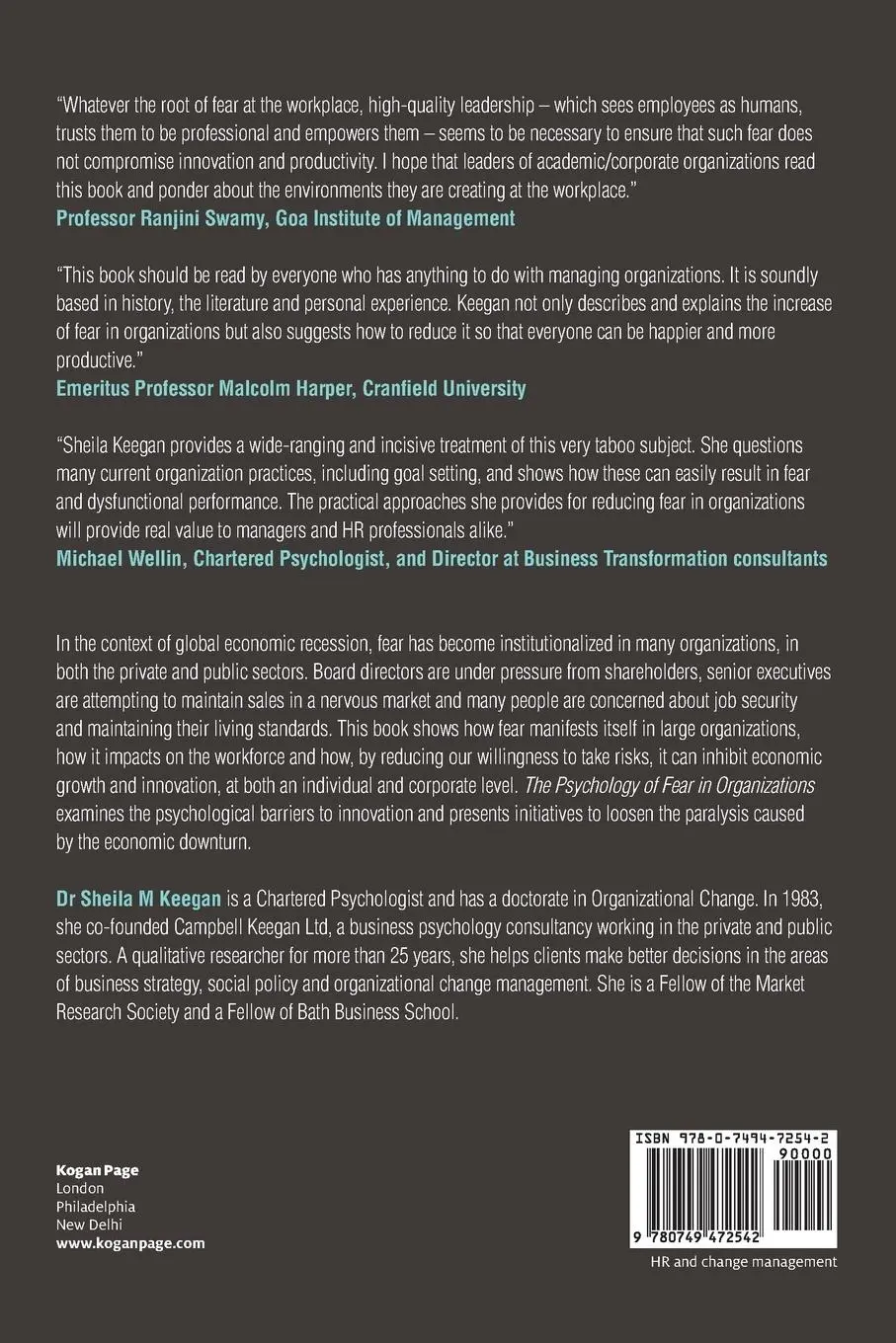 Rückseite: 9780749472542 | The Psychology of Fear in Organizations | Sheila Keegan | Taschenbuch