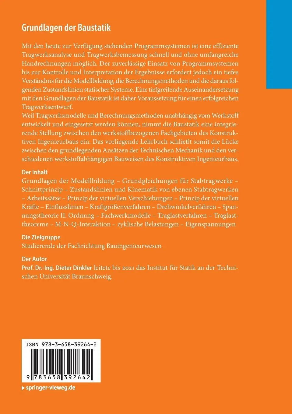 Rückseite: 9783658392642 | Grundlagen der Baustatik | Dieter Dinkler | Taschenbuch | XIII | 2022