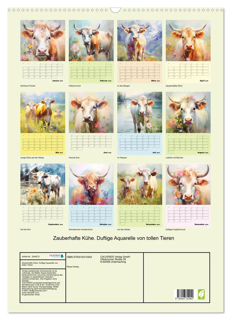 Bild: 9783516312942 | Zauberhafte Kühe. Duftige Aquarelle von tollen Tieren (Wandkalender...