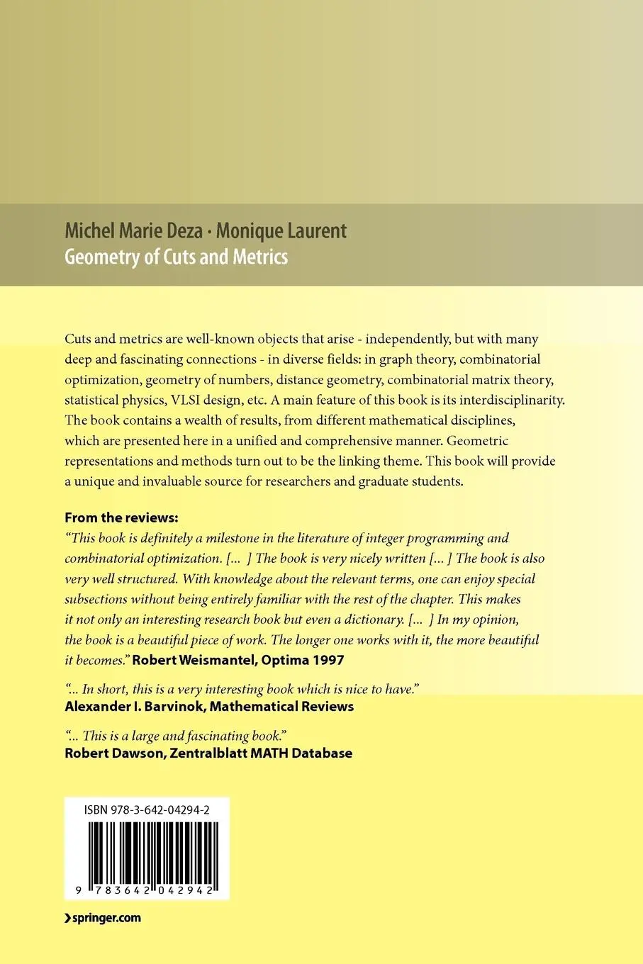 Rückseite: 9783642042942 | Geometry of Cuts and Metrics | Michel Marie Deza (u. a.) | Taschenbuch