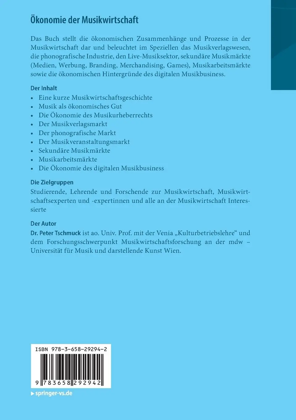 Rückseite: 9783658292942 | Ökonomie der Musikwirtschaft | Peter Tschmuck | Taschenbuch | xv