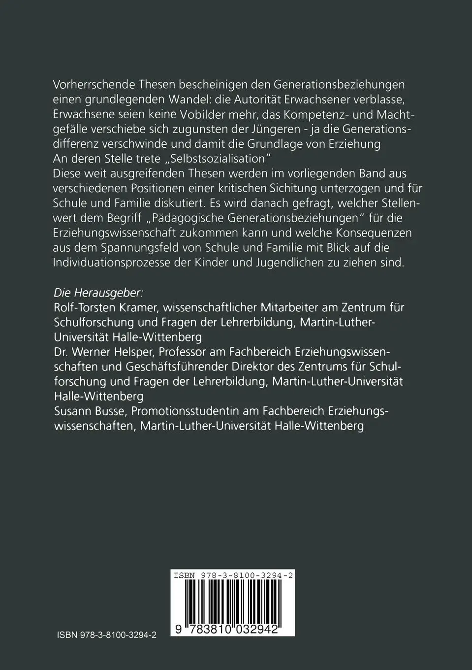 Rückseite: 9783810032942 | Pädagogische Generationsbeziehungen | Rolf-Torsten Kramer (u. a.)