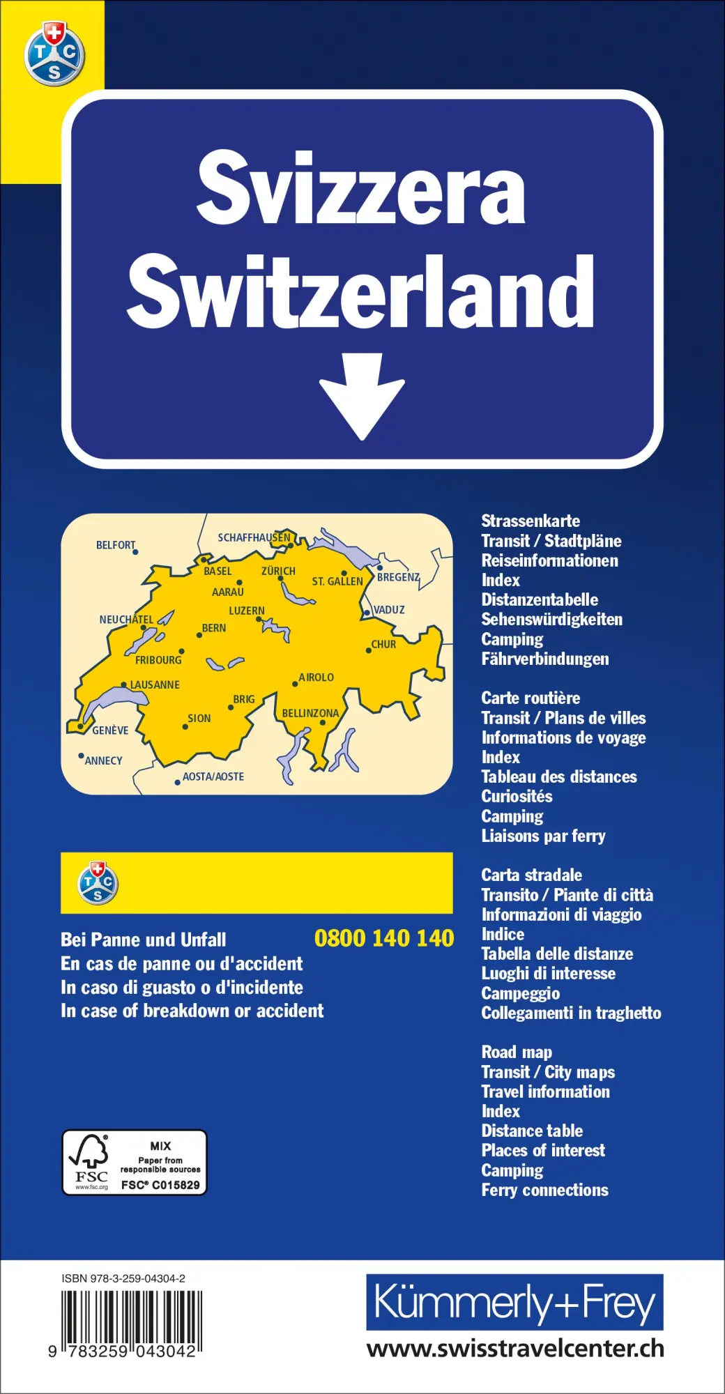 Rückseite: 9783259043042 | Kümmerly+Frey Strassenkarte TCS Schweiz 1:301.000 | AG | (Land-)Karte