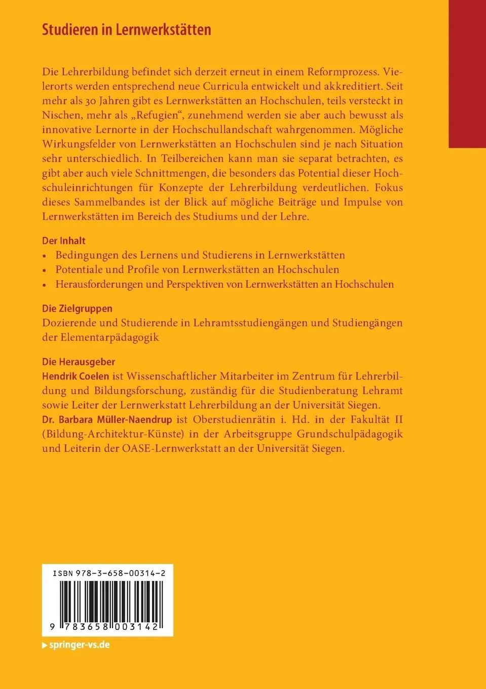 Rückseite: 9783658003142 | Studieren in Lernwerkstätten | Barbara Müller-Naendrup (u. a.) | Buch