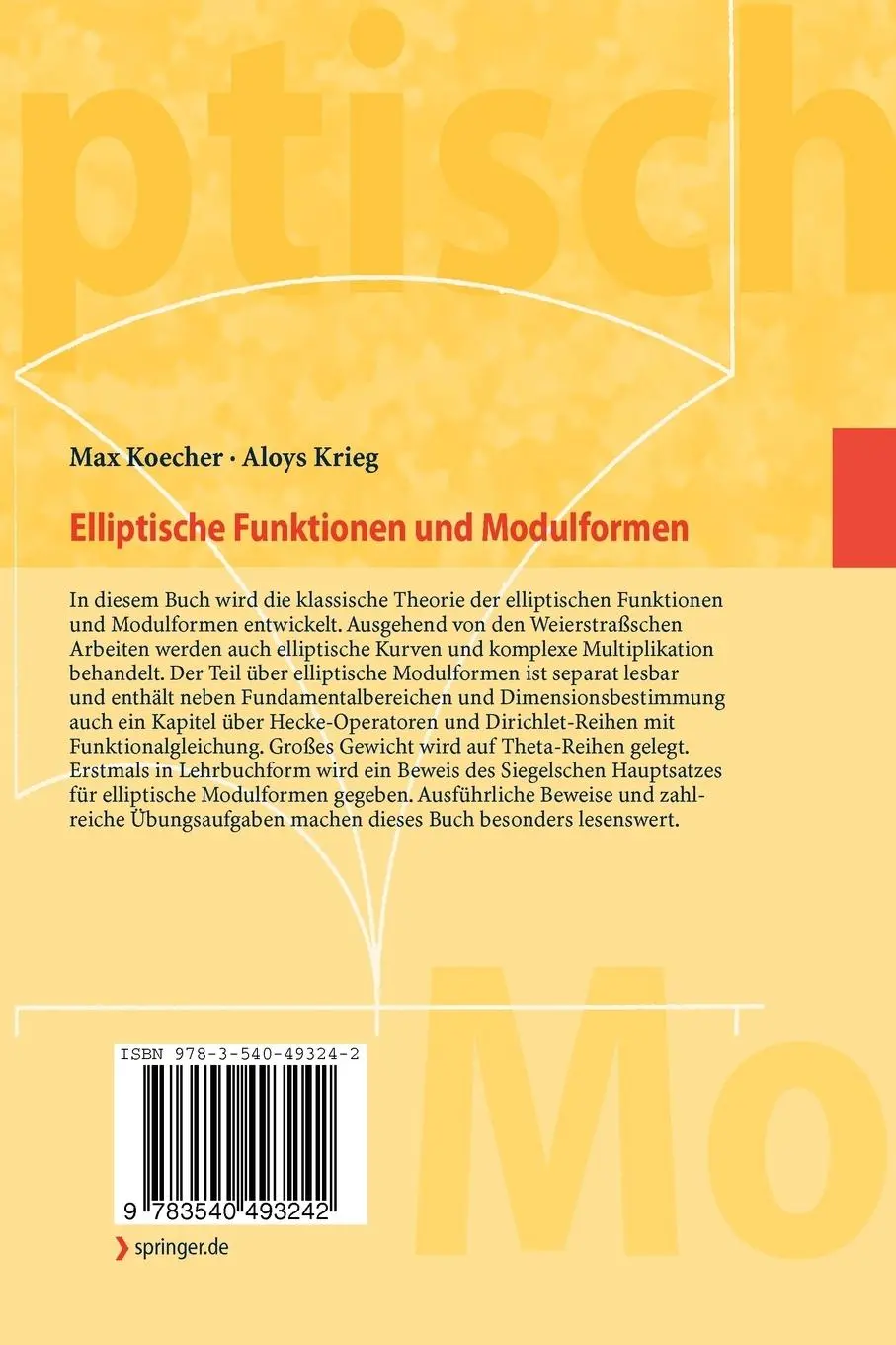 Rückseite: 9783540493242 | Elliptische Funktionen und Modulformen | Aloys Krieg (u. a.) | Buch