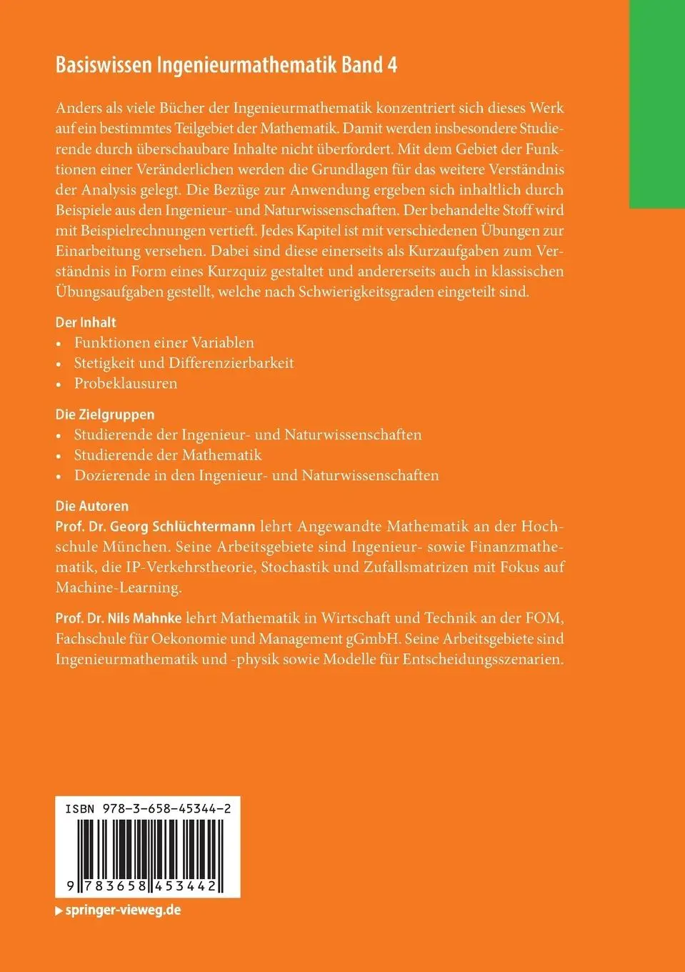 Rückseite: 9783658453442 | Basiswissen Ingenieurmathematik Band 4 | Nils Mahnke (u. a.) | Buch