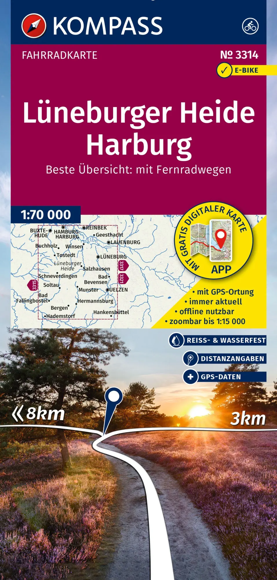 Cover: 9783991543442 | KOMPASS Fahrradkarte 3314 Lüneburger Heide, Harburg 1:70.000 | 1 Karte