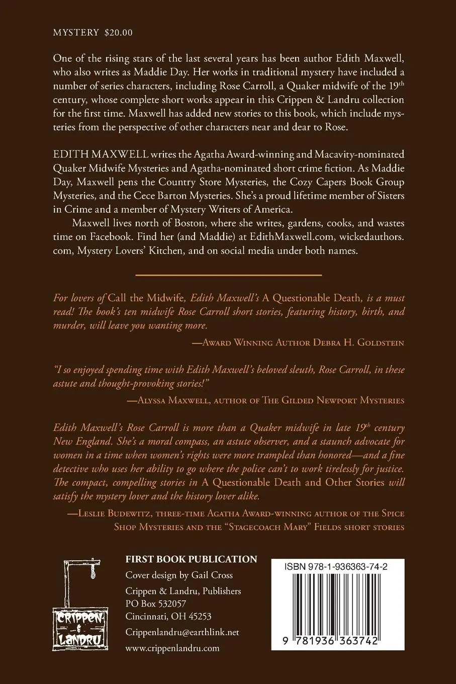 Rückseite: 9781936363742 | A Questionable Death and Other Historical Quaker Midwife Mysteries