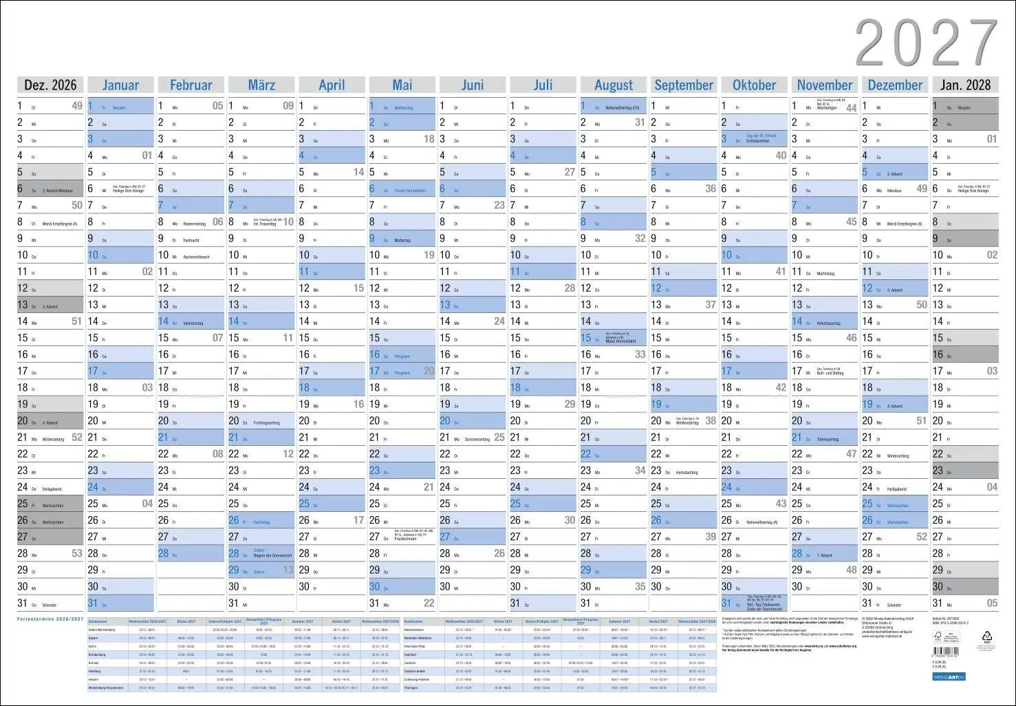Cover: 9783839903742 | Wandplaner Neutral 2027 | Kalender | 1 S. | Deutsch | 2027
